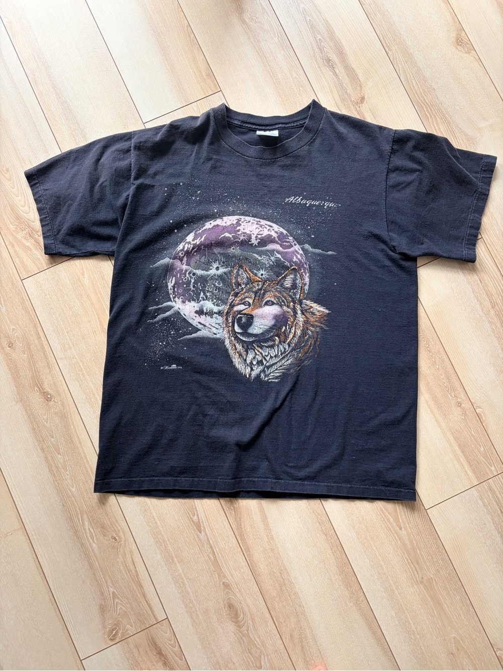 Vintage Black Tee with Wolf & Purple Moon Graphic